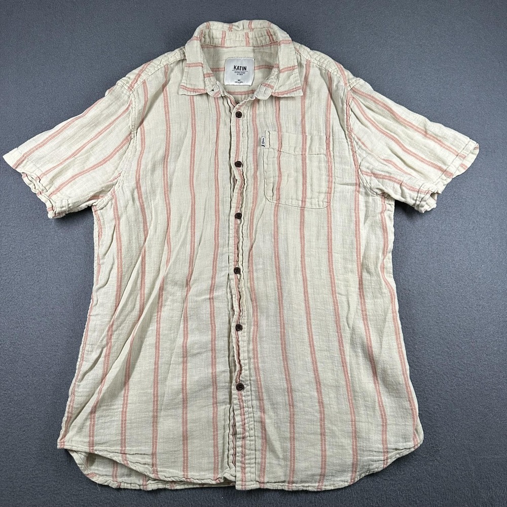 Katin Shirt Mens Medium Beige Red Striped Short Sleeve Button Up Linen Cotton